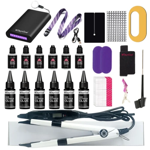 Kit di strumenti per estensioni dei capelli tutto in uno con colla a V, macchina per l'estensione dei capelli a luce UV e apparecchi per lo styling